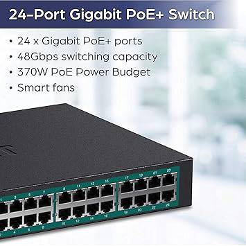 TRENDnet 24-Port Gigabit PoE+ Switch, 24 x Gigabit PoE+ Ports, 370W Power Budget, 48Gbps Switch Capacity, RackMount Kit Included, Ethernet Network Switch, Metal, Lifetime Protection, Black, - TPE-TG240G