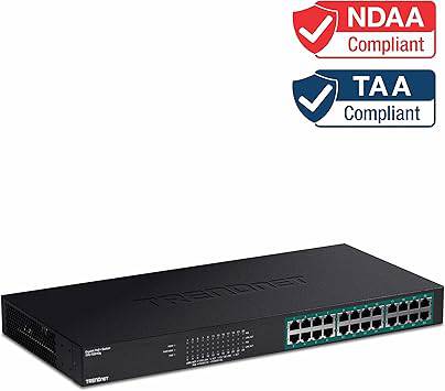 TRENDnet 24-Port Gigabit PoE+ Switch with 370W power, rackmount, black metal, 48Gbps capacity, includes mounting kit.