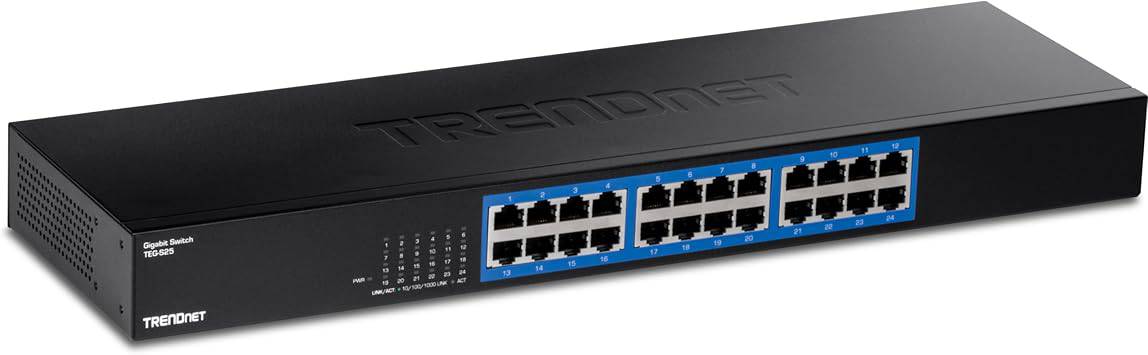 TRENDnet 24-Port Gigabit Switch TEG-S25 with 24 RJ-45 ports, fanless design, metal enclosure, and internal power supply in black.
