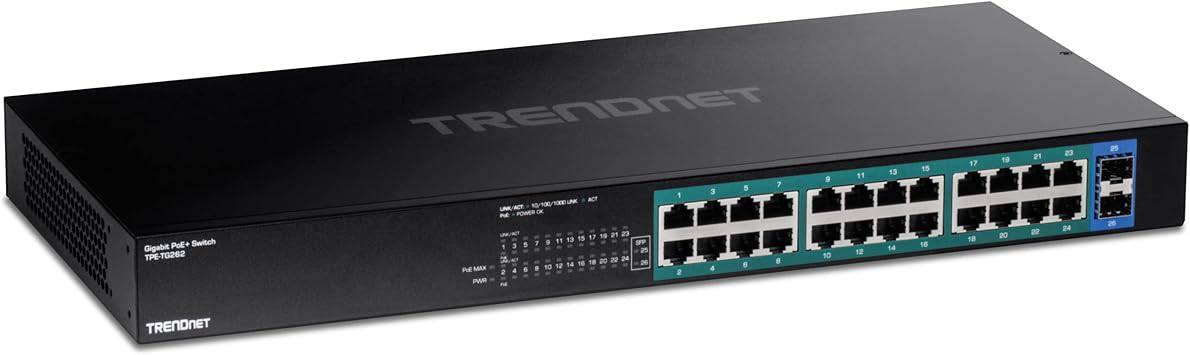 TRENDnet 26-Port Gigabit PoE+ Switch, 24 x 30W PoE+ Ports, 2 Gigabit SFP Slots, 380W PoE Budget, 52Gbps Switching Capacity, 1U 19” Rack Mountable, Lifetime Protection, Black, - TPE-TG262