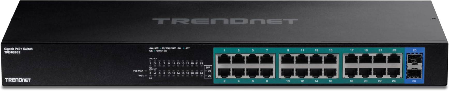 TRENDnet 26-Port Gigabit PoE+ Switch, 24 x 30W PoE+ Ports, 2 Gigabit SFP Slots, 380W PoE Budget, 52Gbps Switching Capacity, 1U 19” Rack Mountable, Lifetime Protection, Black, - TPE-TG262
