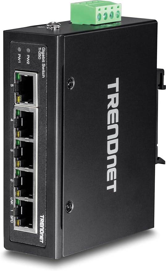 TRENDnet 5-port industrial Gigabit DIN-Rail switch with 10 Gbps capacity, IP30 rated, wall mounts, black, suitable for harsh environments