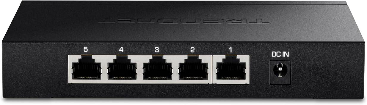 TRENDnet 5-Port Unmanaged 2.5G Switch with 5 2.5GBASE-T ports, fanless design, wall-mountable, black, TEG-S350 model.