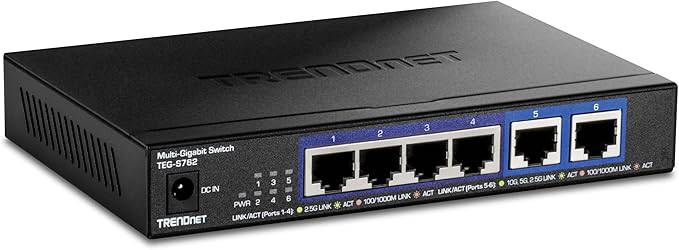 TRENDnet 6-Port 10G Switch, 4 x 2.5G RJ-45 Base-T Ports, 2 x 10G RJ-45 Ports, 60Gbps Switching Capacity, Wall Mountable, 10 Gigabit Network Connections, Lifetime Protection, Black, TEG-S762