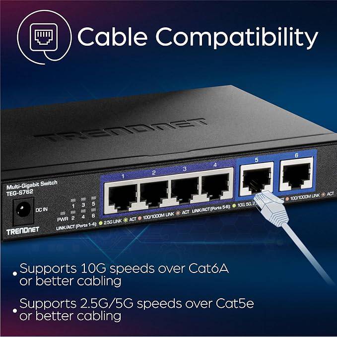 TRENDnet 6-Port 10G Switch, 4 x 2.5G RJ-45 Base-T Ports, 2 x 10G RJ-45 Ports, 60Gbps Switching Capacity, Wall Mountable, 10 Gigabit Network Connections, Lifetime Protection, Black, TEG-S762