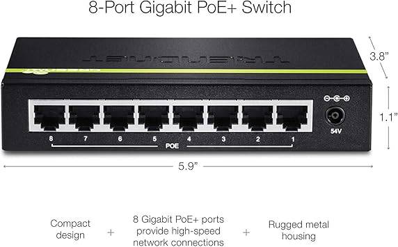 TRENDnet 8-Port Gigabit PoE+ Switch, 8 x Gigabit PoE+ Ports, 123W PoE Power Budget, 16 Gbps Switching Capacity, Desktop Switch, Ethernet Network Switch, Metal, Lifetime Protection, Black, TPE-TG80G