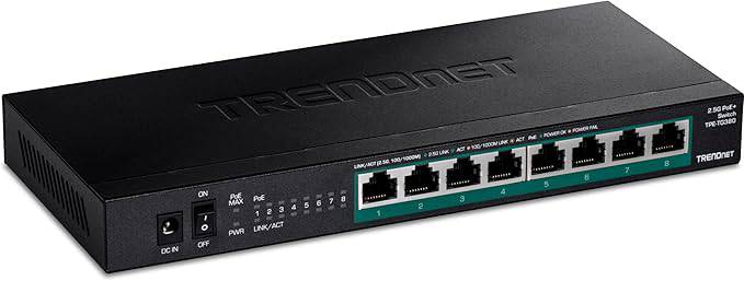 TRENDnet 8-Port Unmanaged 2.5G PoE+ Switch, Fanless, Compact Desktop Design, Metal Housing, 2.5GBASE-T Ports, IEEE 802.3bz, 100W PoE Budget, Black, TPE-TG380
