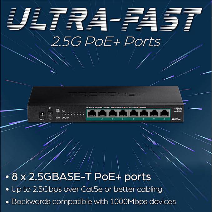 TRENDnet 8-Port Unmanaged 2.5G PoE+ Switch, Fanless, Compact Desktop Design, Metal Housing, 2.5GBASE-T Ports, IEEE 802.3bz, 100W PoE Budget, Black, TPE-TG380