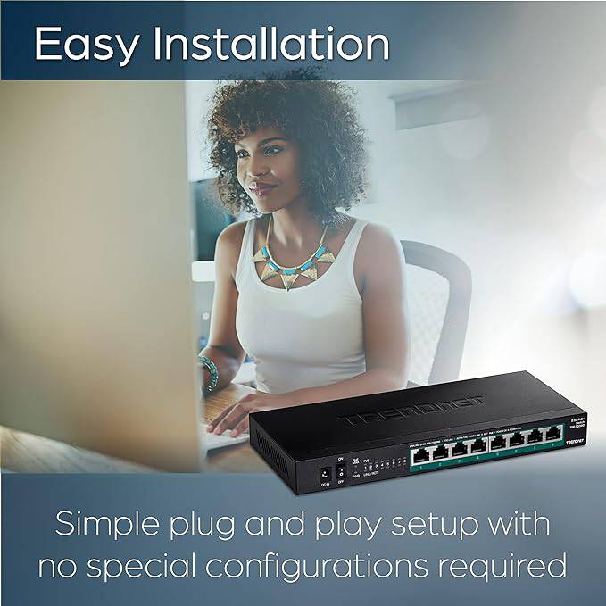TRENDnet 8-Port Unmanaged 2.5G PoE+ Switch, Fanless, Compact Desktop Design, Metal Housing, 2.5GBASE-T Ports, IEEE 802.3bz, 100W PoE Budget, Black, TPE-TG380