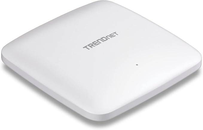 TRENDnet AX1800 Dual Band WiFi 6 PoE+ Access Point in white, featuring 1201Mbps WiFi AX and 576Mbps WiFi N, MU-MIMO, and WDS.