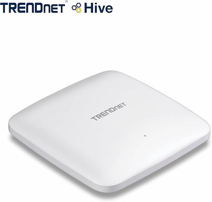 TRENDnet AX1800 Dual Band WiFi 6 PoE+ Access Point in white, featuring 1201Mbps WiFi AX and 576Mbps WiFi N, MU-MIMO, and WDS.