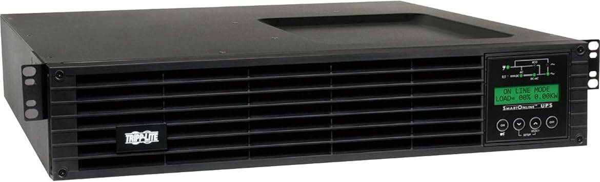 TRIPP LITE SU2200RTXLCDTAA TAA compliant uninterruptible power supply with LCD display and multiple outlets.