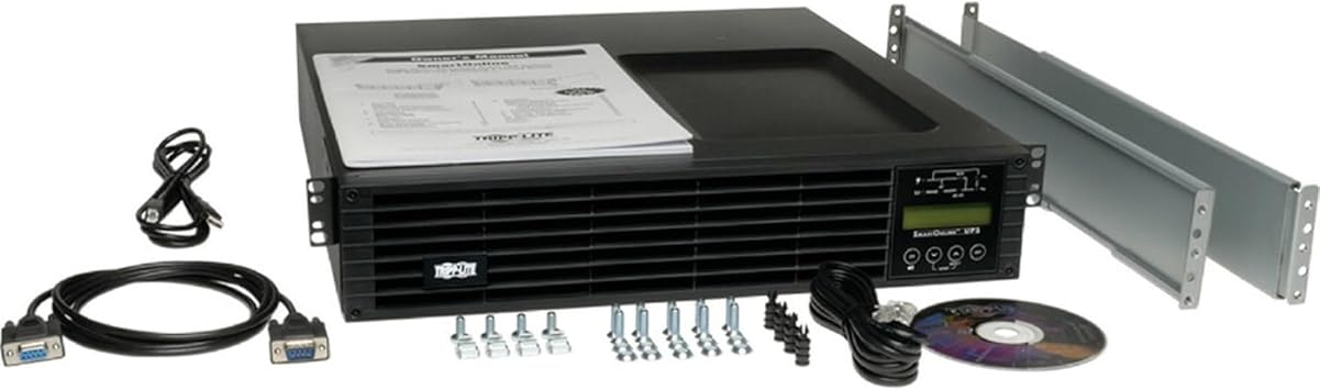 TRIPP LITE SU2200RTXLCDTAA TAA compliant uninterruptible power supply with LCD display and multiple outlets.