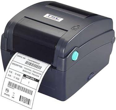 Tsc Ttp-345 thermal transfer label printer with 300 DPI, 5 IPS speed, 3 ports including USB, parallel, and serial.