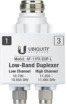 Ubiquiti AF-11FX-DUP-L air fiber duplexer for low-band applications, shown in a technical setup with connectors and cables