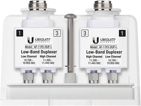 Ubiquiti AF-11FX-DUP-L air fiber duplexer for low-band applications, shown in a technical setup with connectors and cables