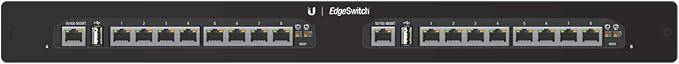 Ubiquiti EdgeSwitch ES-16XP Ethernet switch with multiple ports and LED indicators, designed for network connectivity.