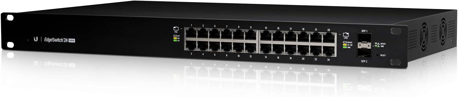 Ubiquiti EdgeSwitch ES-24-500W 24-port Layer 3 managed network switch with Power over Ethernet ports, shown in a data center setting.