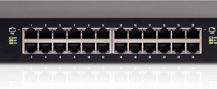 Ubiquiti EdgeSwitch ES-24-500W 24-port Layer 3 managed network switch with Power over Ethernet ports, shown in a data center setting.