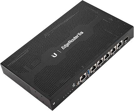 Ubiquiti EdgeRouter 6P with six Gigabit Ethernet ports, compact black networking device for reliable internet connectivity.