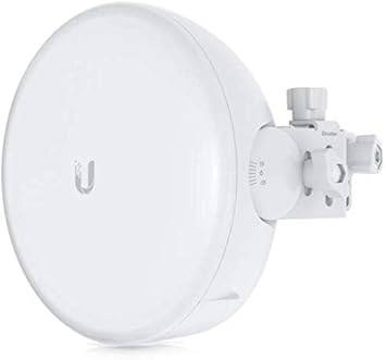 Ubiquiti GigaBeam Plus airMAX 60 GHz radio system with dual antennas and sleek black hardware for high-speed wireless connectivity.