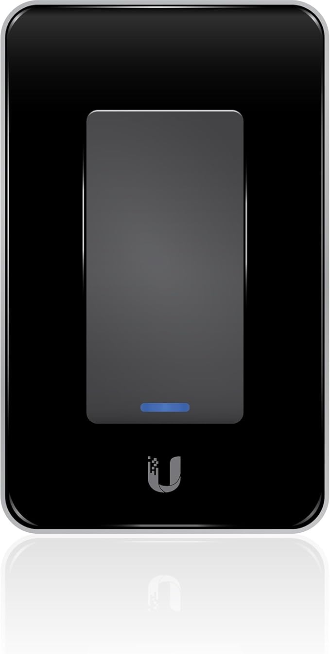 Ubiquiti black in-wall manageable switch and dimmer for light control, mounted on a wall with visible wiring and control interface.
