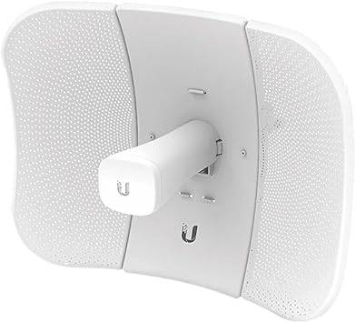 Ubiquiti LiteBeam wireless bridge in white with 100Mb LAN, GigE, AirMax AC, designed for outdoor network connectivity.