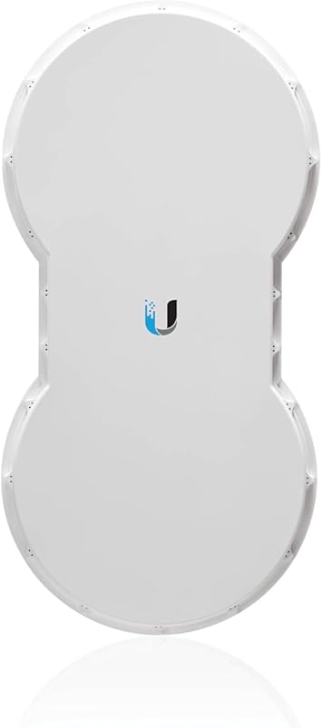 Ubiquiti Networks AF-5 outdoor sector antenna mounted on a pole, featuring a white, circular design for wireless network signals.
