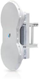 Ubiquiti Networks AF-5 outdoor sector antenna mounted on a pole, featuring a white, circular design for wireless network signals.