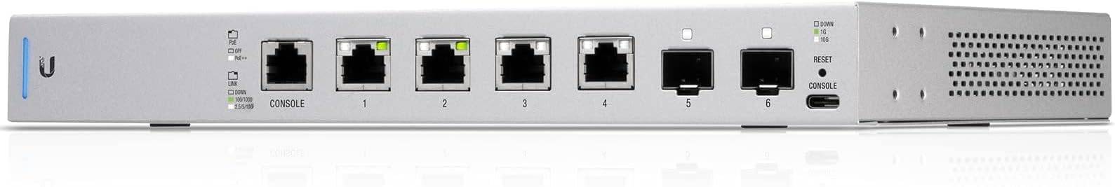 Ubiquiti Networks UniFi Switch 6 XG PoE, 10G 6-port switch with 802.3bt PoE++ for enterprise network connectivity.