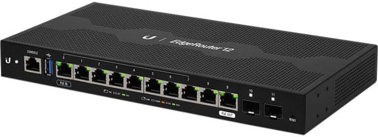 Ubiquiti Networks EdgeRouter 12 with 10 Gigabit ports, PoE passthrough, and 2 SFP ports for network routing and connectivity.