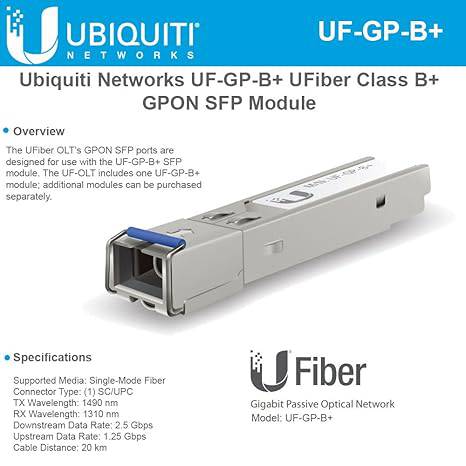 Ubiquiti Networks UF-GP-B+ UFiber Class B+ GPON SFP module for fiber optic network connections.
