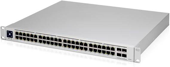 Ubiquiti Networks Unifi 48-Port Pro Switch Gen2 with PoE ports, black, mounted rack setup, close-up of ports and switch front panel
