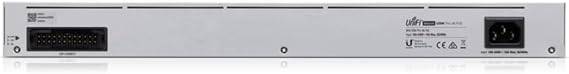 Ubiquiti Networks Unifi 48-Port Pro Switch Gen2 with PoE ports, black, mounted rack setup, close-up of ports and switch front panel