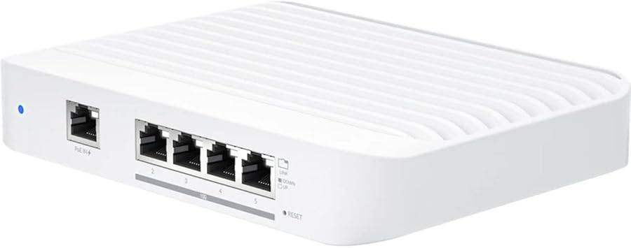 Ubiquiti Networks UniFi Flex XG compact managed Layer 2 switch with 1 GbE PoE+ input and four 10 GbE RJ45 ports, white color.
