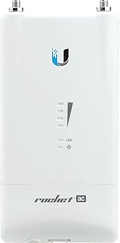 Ubiquiti Rocket AC wireless access point R5AC-LITE mounted on a pole for outdoor Wi-Fi coverage.