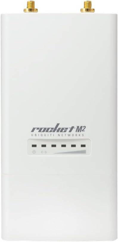 Ubiquiti Rocket M2 2.4GHz wireless CPE with 2x2 MIMO antenna, suitable for long-range AirMax TDMA networks.