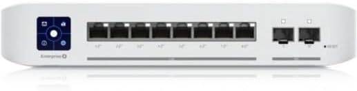 Ubiquiti UniFi 8-port RJ45 switch with 2.5G, 2 SFP+ ports, 10G uplink, PoE+ support, wall-mountable, 1.3-inch touchscreen display.