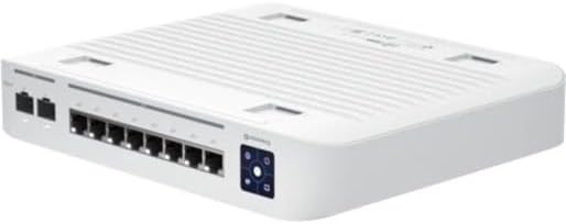 Ubiquiti UniFi 8-port RJ45 switch with 2.5G, 2 SFP+ ports, 10G uplink, PoE+ support, wall-mountable, 1.3-inch touchscreen display.