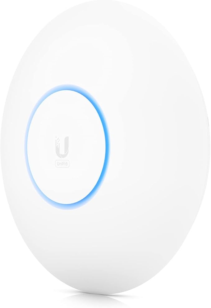 Ubiquiti UniFi 6 Long Range Wireless Access Point in white, showing its sleek design and antennas for extended Wi-Fi coverage