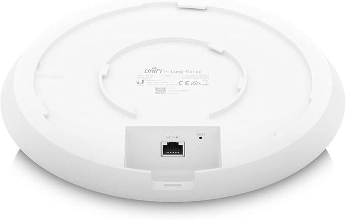 Ubiquiti UniFi 6 Long Range Wireless Access Point in white, showing its sleek design and antennas for extended Wi-Fi coverage