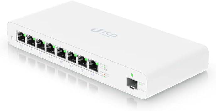 Ubiquiti UISP-R Gigabit PoE router with 8 GbE RJ45 ports, 1 SFP port, fanless cooling, white color, suitable for WISP MicroPoP applications.