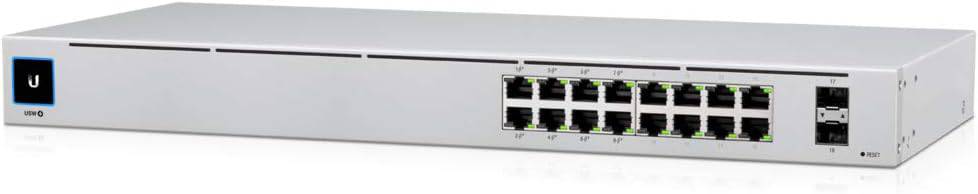 Ubiquiti UniFi 16-Port 802.3at PoE Gigabit Switch with SFP ports for network expansion and power over Ethernet.
