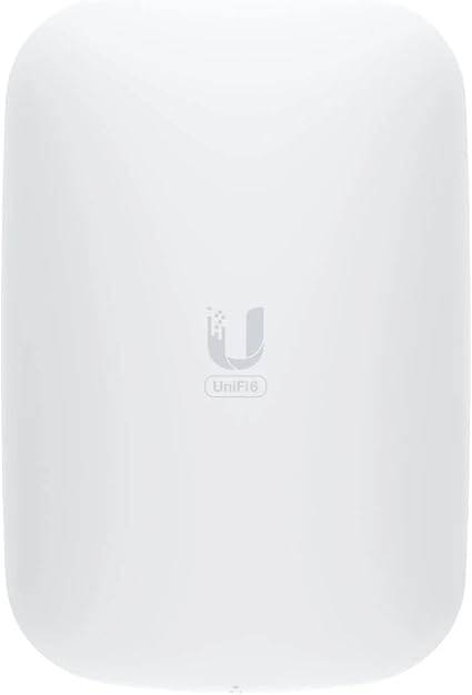 Ubiquiti Unifi 6 dual-band WiFi 6 mesh extender plugged into wall outlet, white wireless networking device.