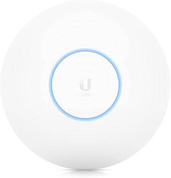 Ubiquiti UniFi 6 Long-Range Access Point US model with antenna, illustrating the device's sleek design and ports, PoE adapter not shown.