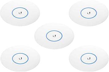 Set of five Ubiquiti UniFi nanoHD compact 802.11ac Wave2 MU-MIMO enterprise access points with sleek, white design.