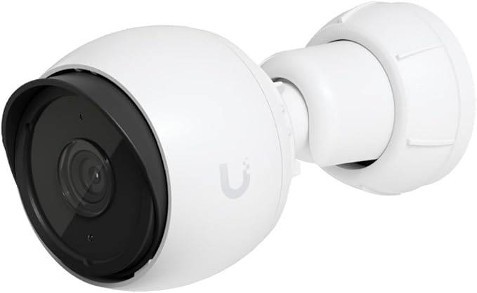 Ubiquiti UniFi Protect G4-Bullet outdoor security camera in white with 4 MP resolution, mounted outdoors for surveillance.