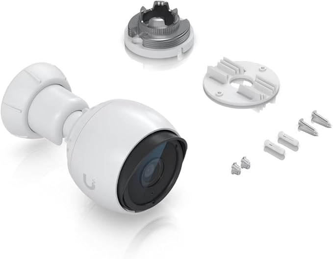 Ubiquiti UniFi Protect G4-Bullet outdoor security camera in white with 4 MP resolution, mounted outdoors for surveillance.