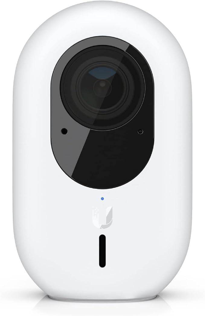 Ubiquiti UniFi Protect G4 Instant Camera showing weatherproof design, 5MP lens, built-in speaker, microphone, wide-angle lens, and night mode.