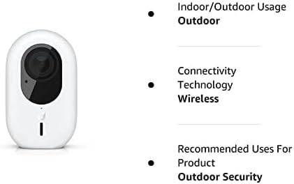 Ubiquiti UniFi Protect G4 Instant Camera showing weatherproof design, 5MP lens, built-in speaker, microphone, wide-angle lens, and night mode.